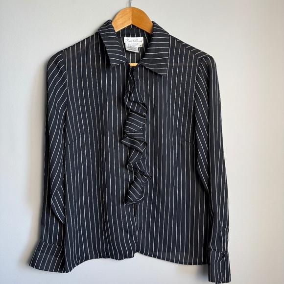 Fred David Tops - Fred David Women's Vintage Pinstripe‎ Sheer Satin Button Up Blouse Black Medium